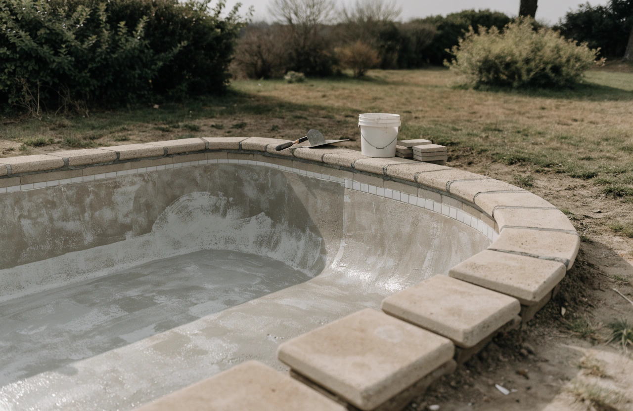 Concrete pool shell being resurfaced, with new tiling and coping stones