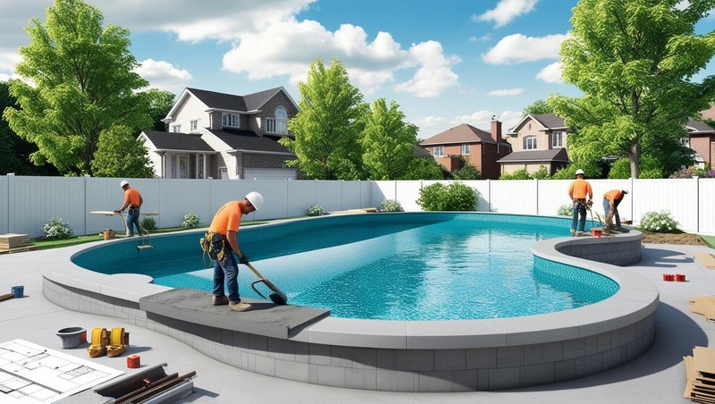 Modern backyard swimming pool built by professional pool builders New Lambton, featuring clean design, lush landscaping, and sunny outdoor space.