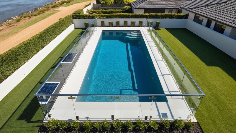 Aerial view of a contemporary backyard pool in Wallsend, featuring glass fencing for wind protection, solar panels, and strategic landscaping; suburban homes and natural surroundings in the distance