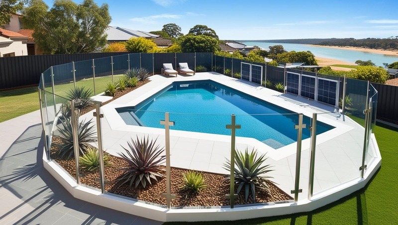 Aerial shot of a Hexham backyard with a modern swimming pool, featuring glass wind barriers, solar heating panels, and landscaped surroundings; Hunter River visible in the background