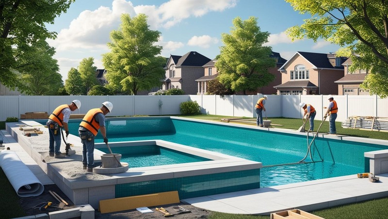 Toronto pool construction site with professional builders