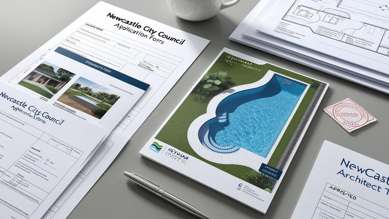 Flat lay of Newcastle City Council pool application forms, Hexham wetland property maps, pool blueprints, approval stamps, pen, and a miniature pool model on an architect’s desk