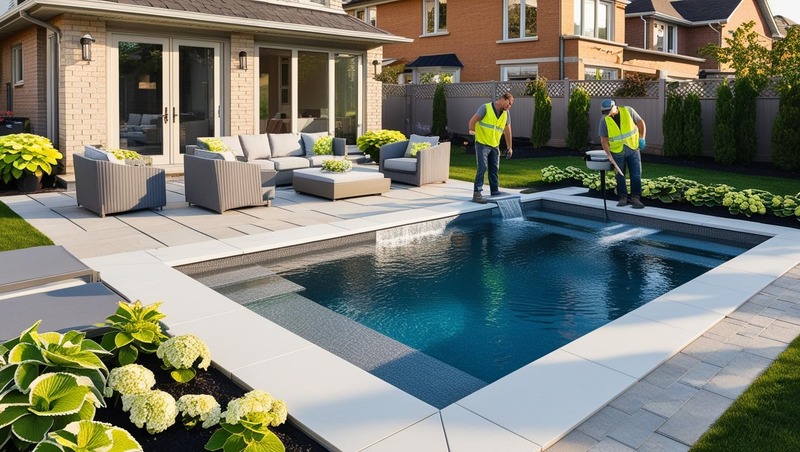 Stunning custom-designed pool in New Lambton backyard at sunset, featuring glass fencing and ambient lighting.