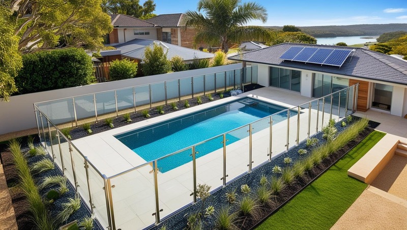 Drone view of a modern swimming pool in a Hexham backyard featuring glass fencing, solar panels, and strategic landscaping for wind protection, with the Hunter River in the background