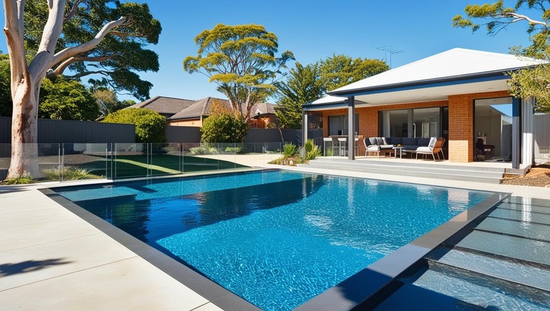 Sleek modern pool design with tropical landscaping and stone edging in a New Lambton home.