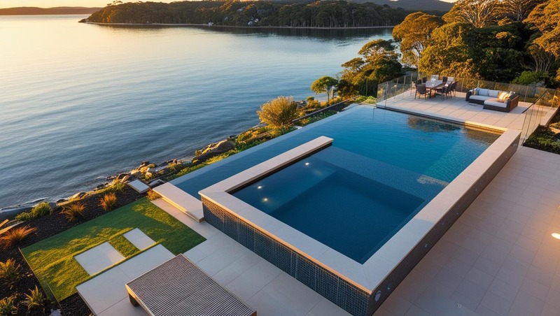 Pool Builders Belmont – Luxury Infinity Pool Overlooking Lake Macquarie with Coastal Landscaping