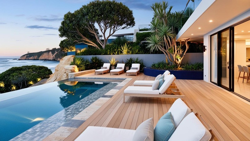 Luxury infinity pool with coastal design in a modern Merewether backyard, featuring stone tiles, glass fencing, and ocean views