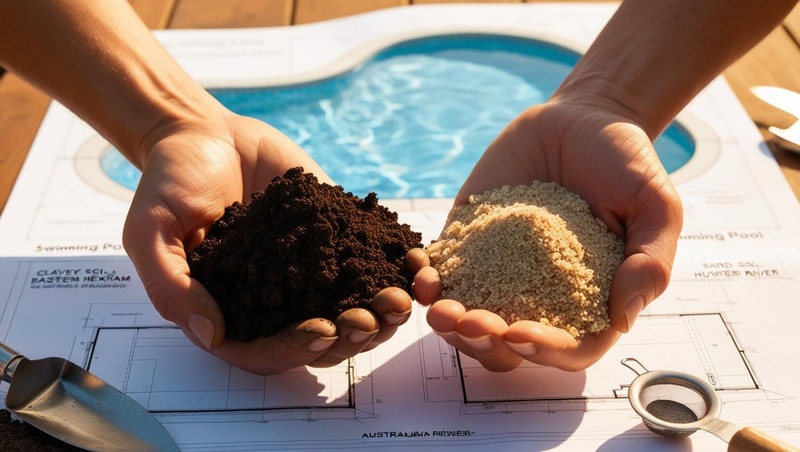 Hands holding clay and sandy soil samples from Hexham beside pool construction plans and testing tools in golden sunlight