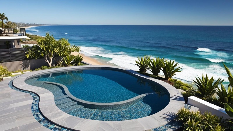 Custom pool design for Merewether properties, featuring salt-resistant materials, ocean views, and low-maintenance landscaping