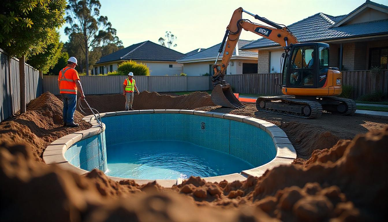 Concrete Pool Excavation by Professional Pool Builder in Adamstown – Newcastle Suburb with Safety Barriers, Modern Equipment, and High-Vis Crew