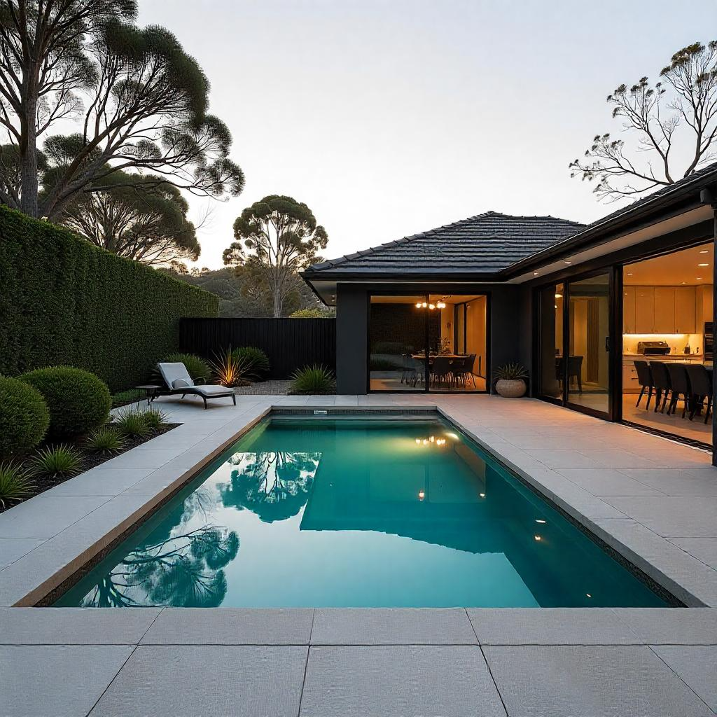 Luxury Custom Concrete Pool with Integrated Spa in Newcastle Suburban Backyard – Federation Home, Native Landscaping, and Premium Outdoor Entertaining Area