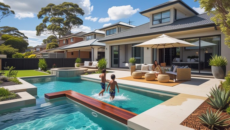Australian Family Enjoying New Backyard Pool in Birmingham Gardens NSW at Sunset