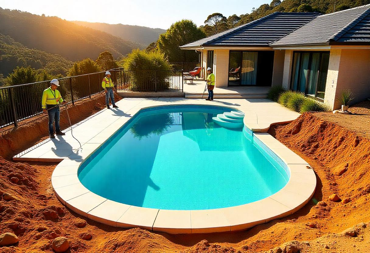 Concrete Pool Installation on Sloping Block in Fletcher NSW – Aerial View of Construction Process