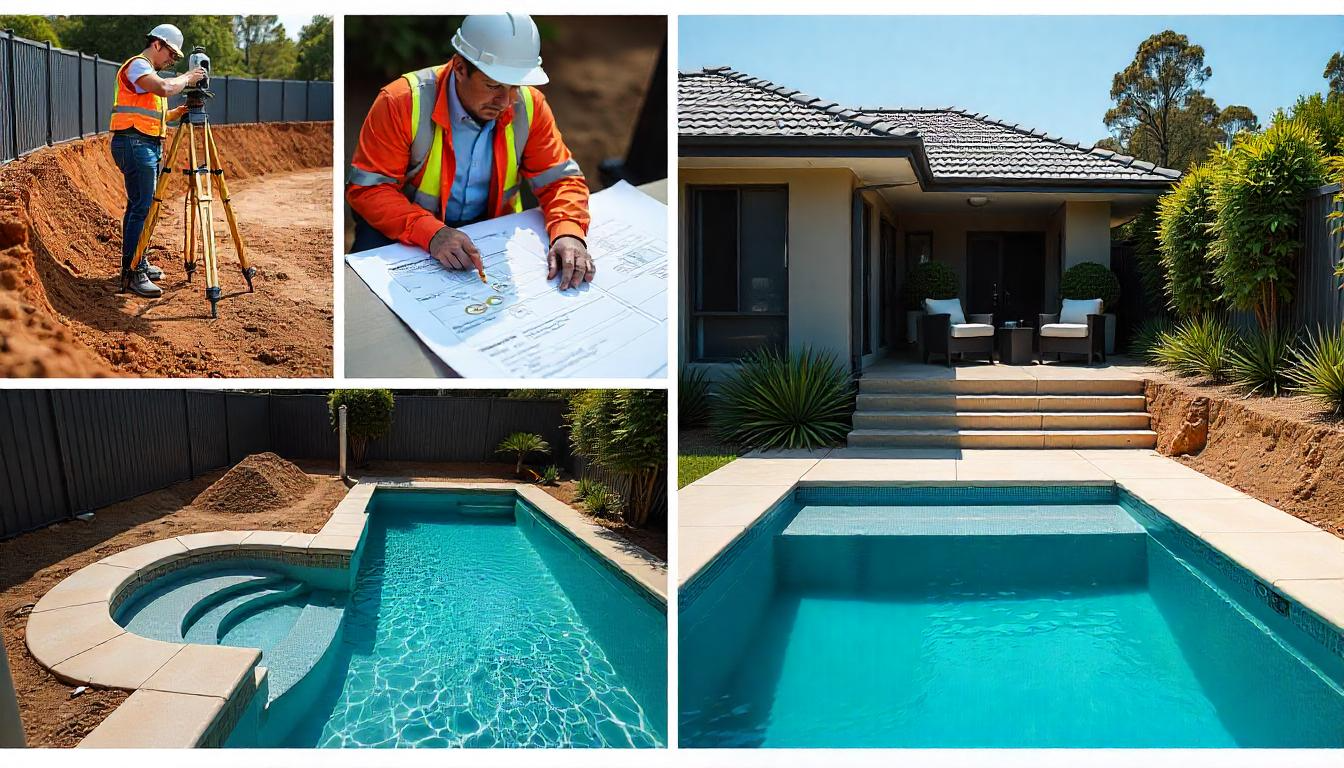 Custom-Designed Concrete Pool in Broadmeadow NSW – High-End Backyard with Glass Fencing and Pergola at Sunset