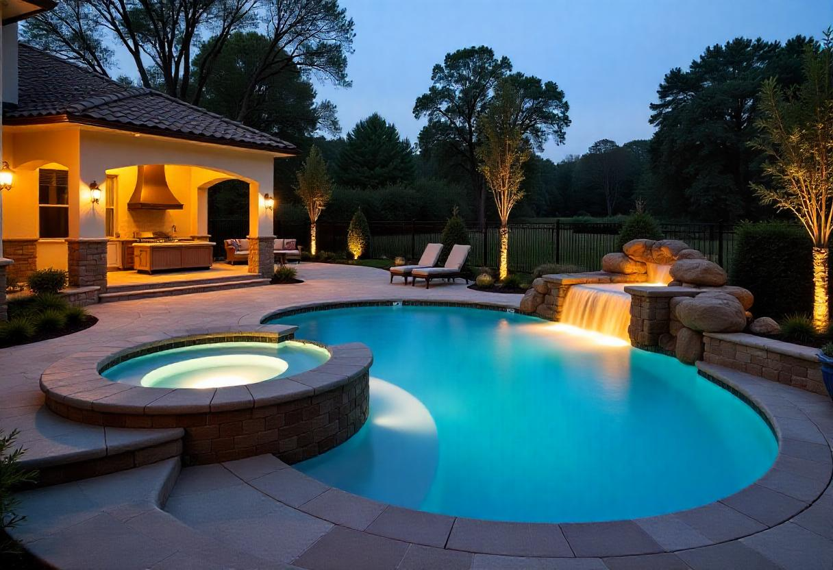 Luxury Spa and Water Feature Installation in a Cardiff Backyard Pool with LED Lighting and Natural Stone Elements