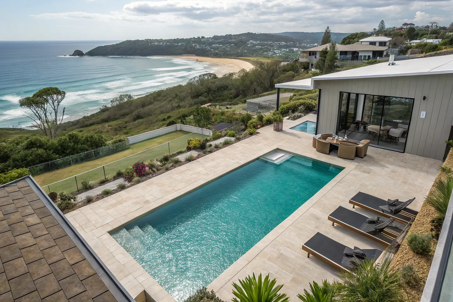 Close-up of a premium textured concrete pool finish in a Newcastle backyard