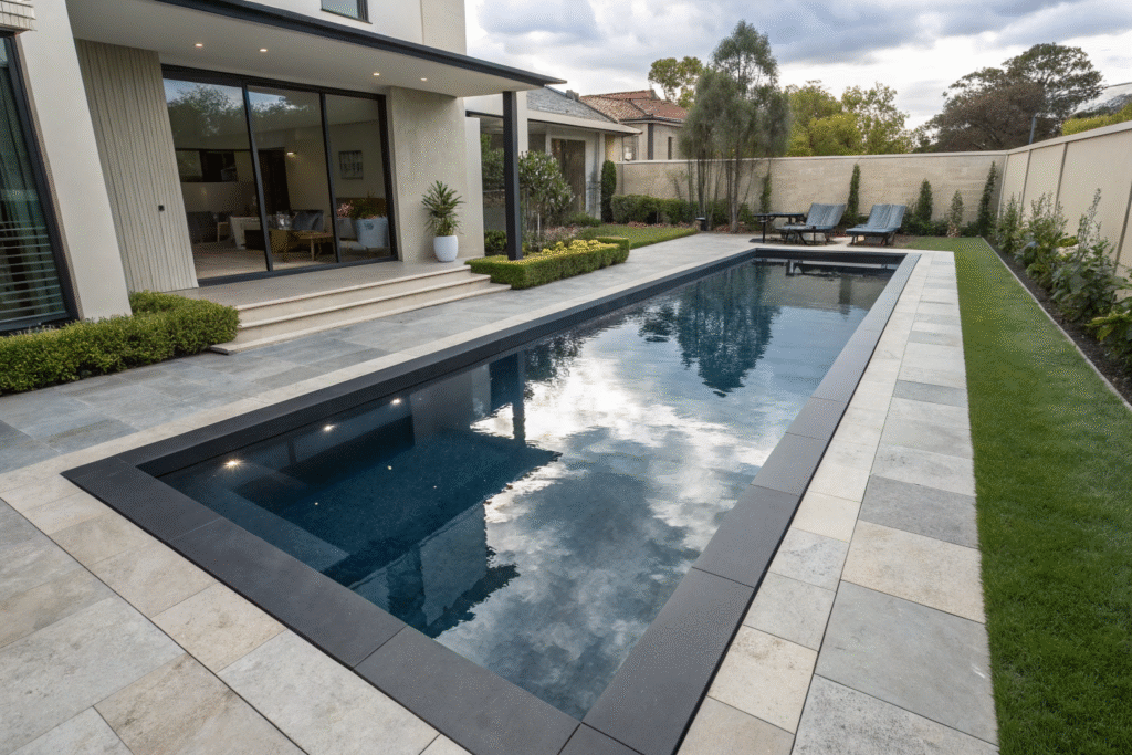 Long concrete lap pool with clean straight lines beside a home