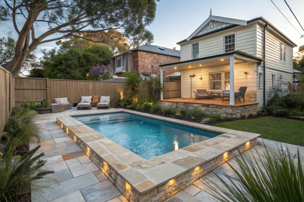 Rectangular swimming pool with stone coping and step lighting beside a two-storey cottage-style home at dusk