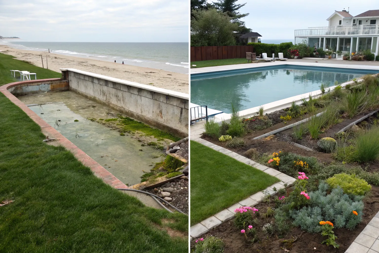 Before-and-after split screen showing a neglected pool beside a restored backyard