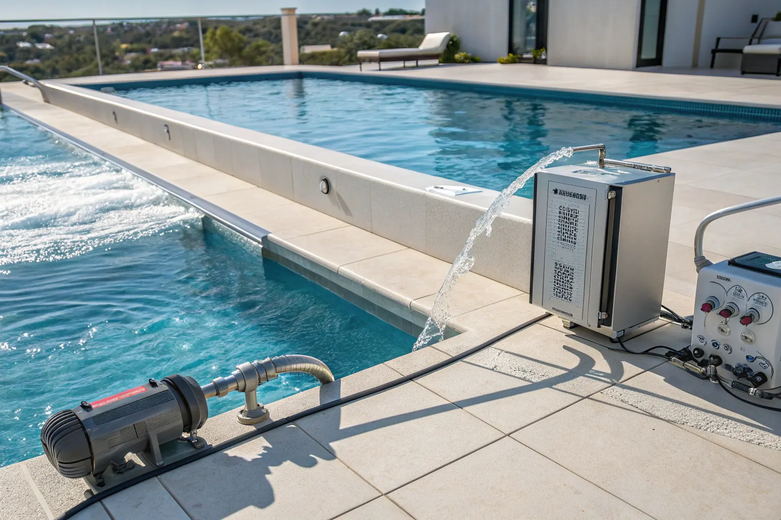 Close-up view of a pristine concrete infinity edge pool