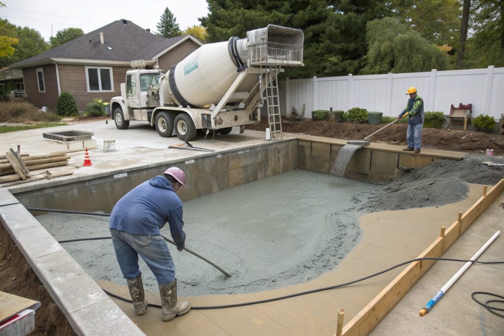 Concrete pouring phase of pool construction timeline in Cessnock residential property