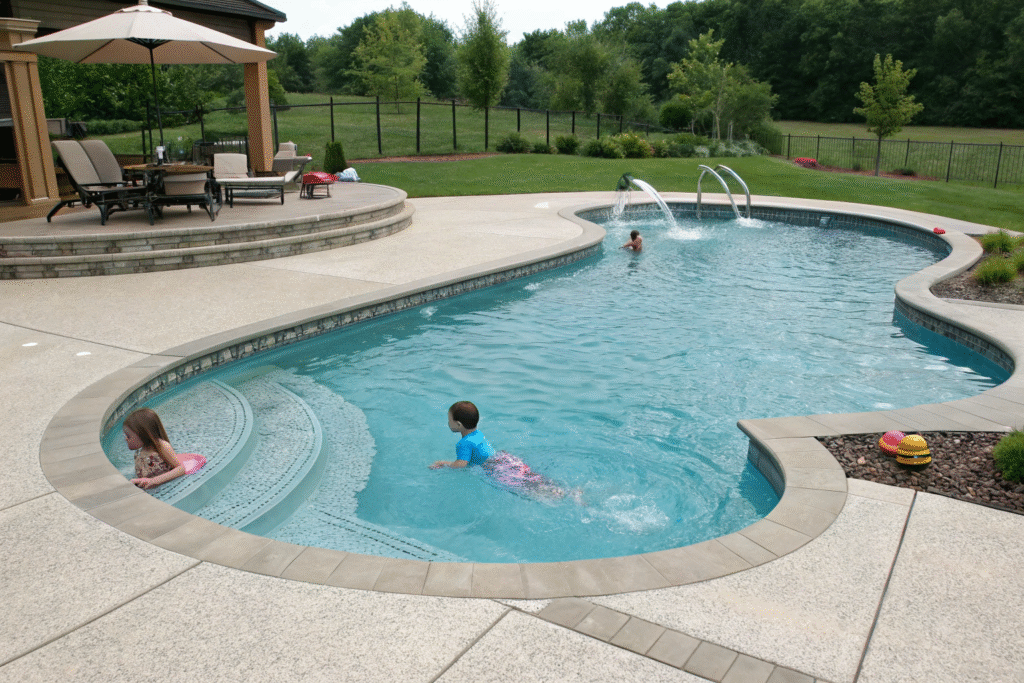 Family pool with rounded bullnose concrete coping