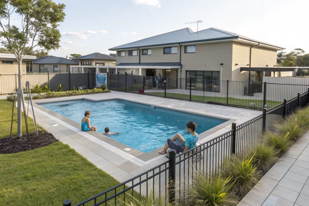 Family enjoying their new swimming pool in Maitland with proper safety fencing and council-approved design