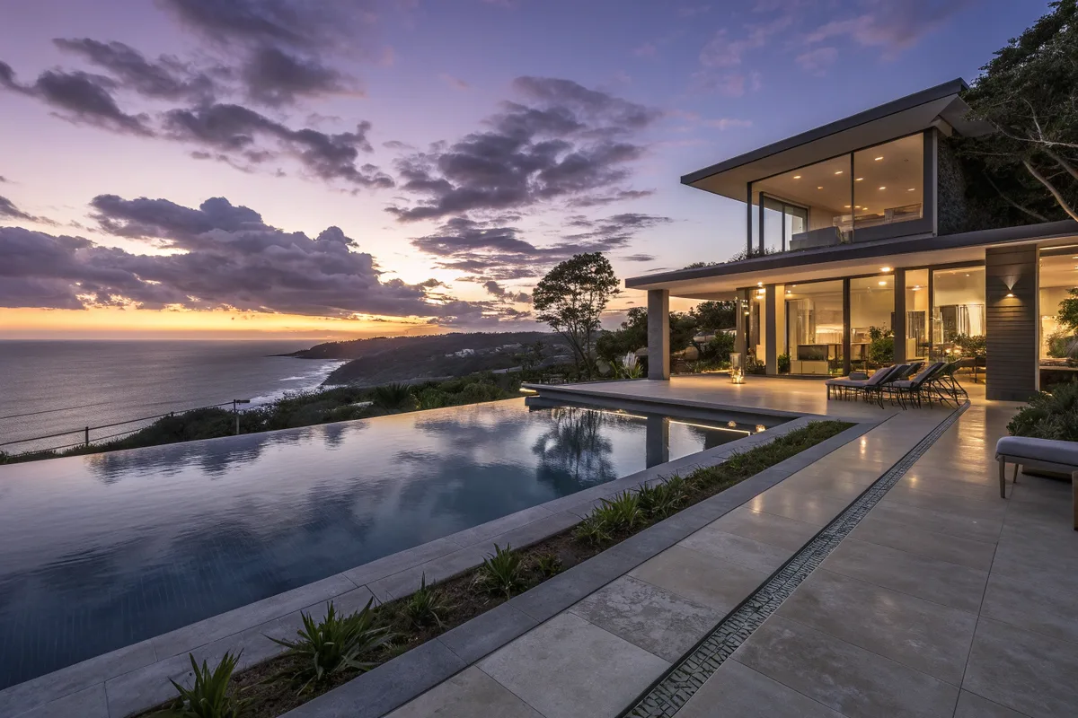 Concrete infinity edge pool at dusk with its far edge opening onto a coastal outlook