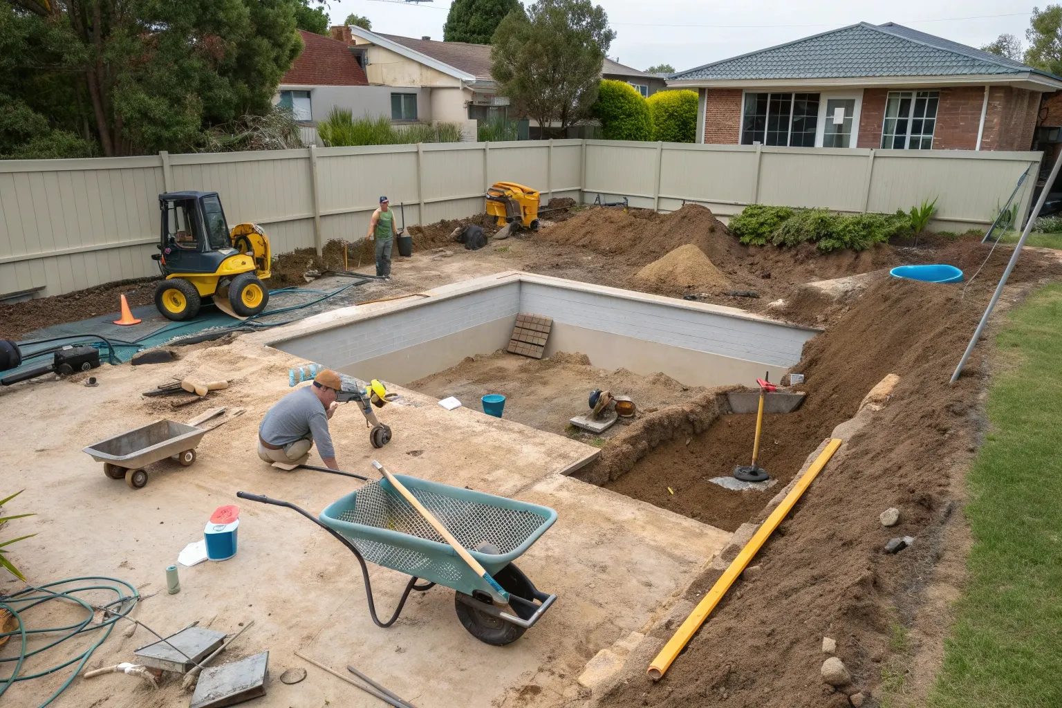 Excavation site with clay soil and construction equipment ahead of pool removal work