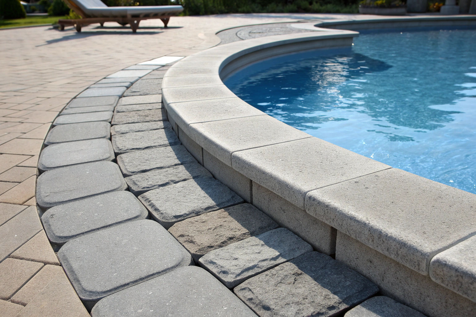 Precast concrete coping stones arranged around a pool edge