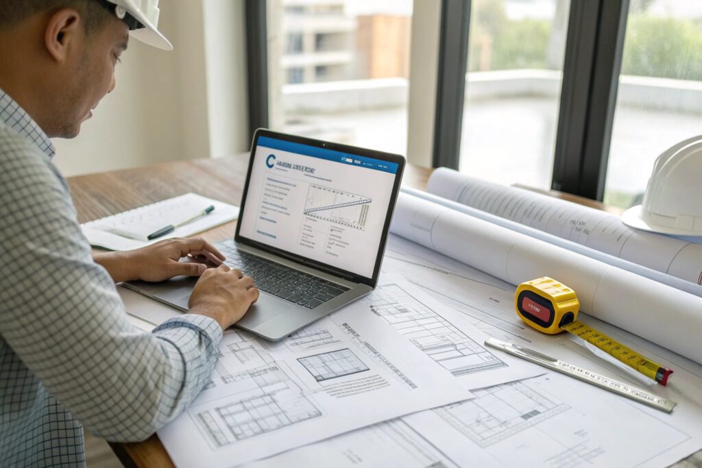Pool builder reviewing renovation plans and finish samples for a Newcastle project