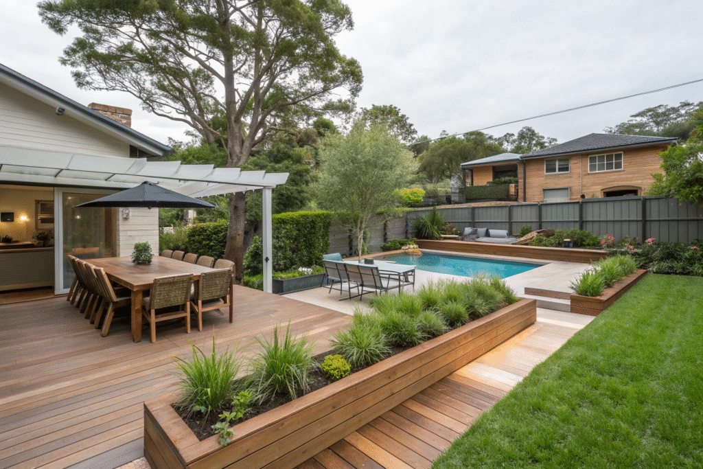 Timber deck with outdoor dining setting overlooking a landscaped backyard pool