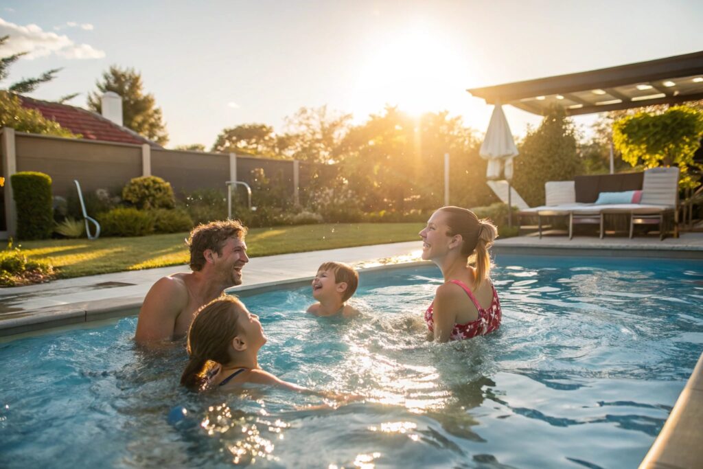 Family with young children laughing together while swimming in a backyard pool at sunset