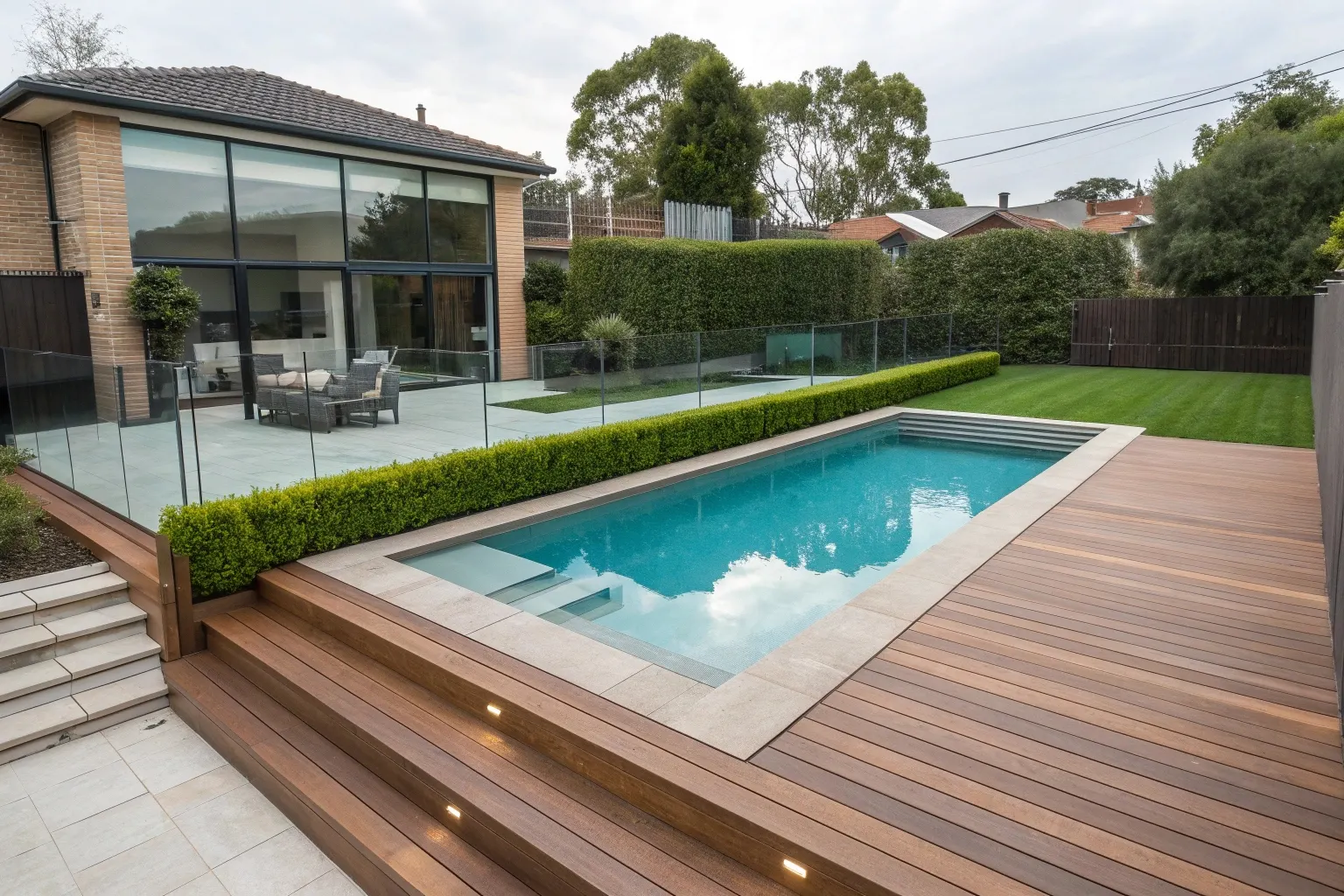 Modern rectangular concrete pool with clean geometric lines and timber decking