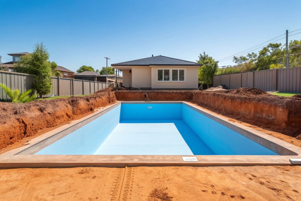 Newly installed pool shell in an excavated backyard, surrounded by bare soil, with a single-storey house behind it