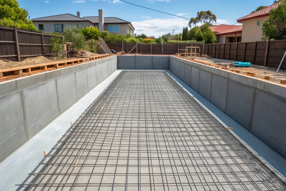 Pool shell under construction with steel reinforcement mesh laid across the floor