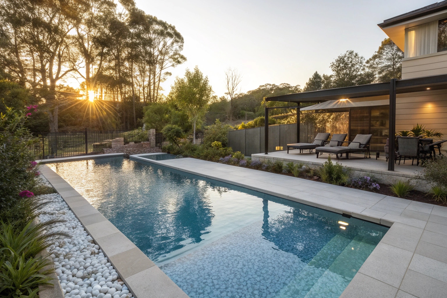 Custom concrete pool installation in Newcastle suburban backyard with outdoor entertaining area