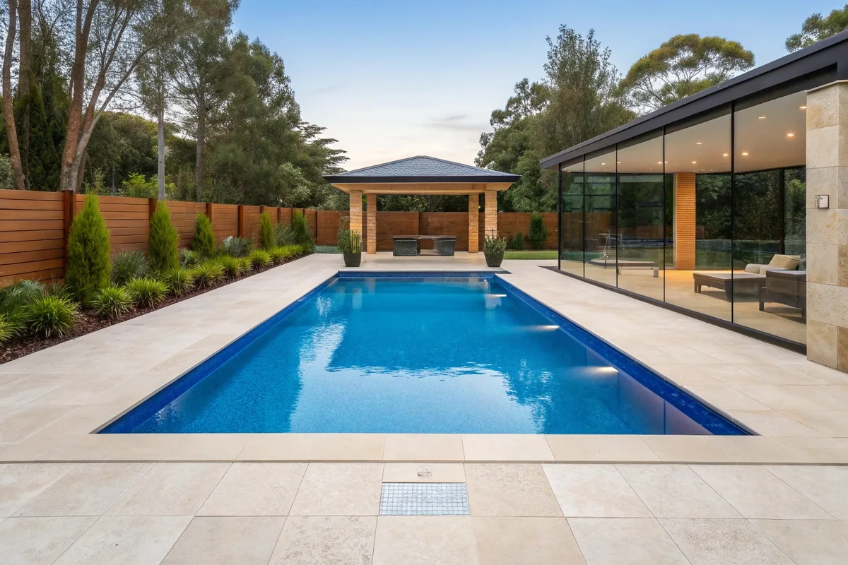 Large rectangular concrete pool with travertine surround beside a glass pavilion