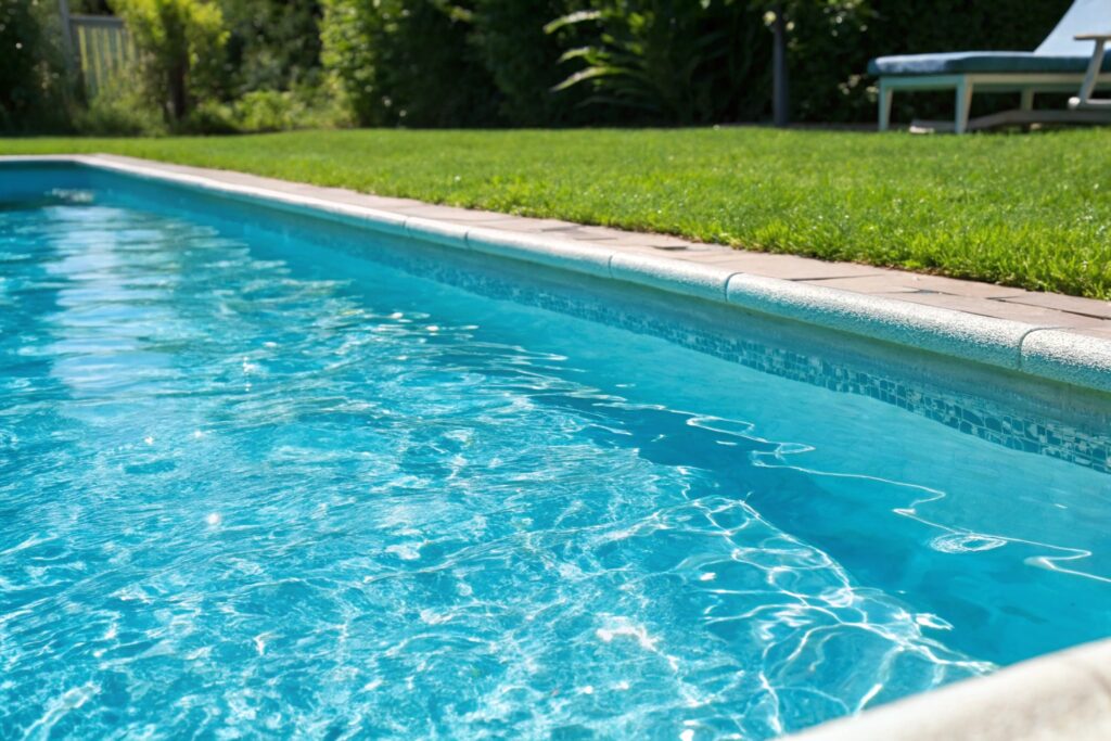 Close-up of crystal-clear turquoise pool water lapping against blue tiled coping