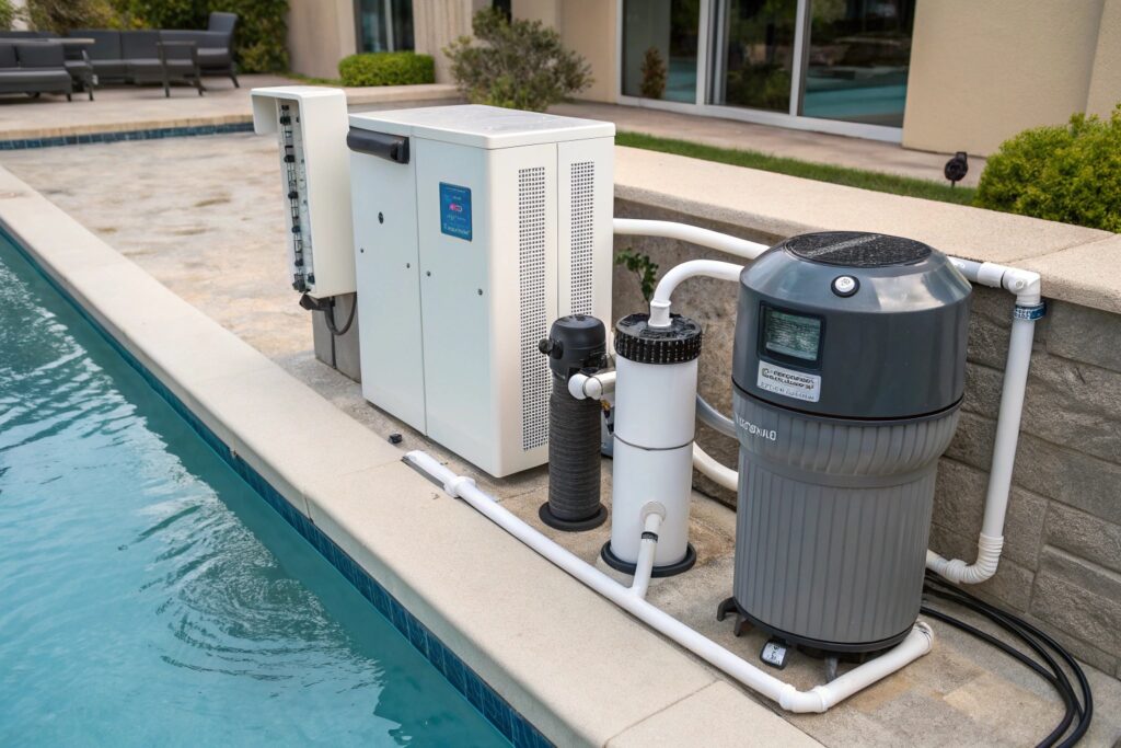 Close-up view of modern commercial pool pump and filtration equipment