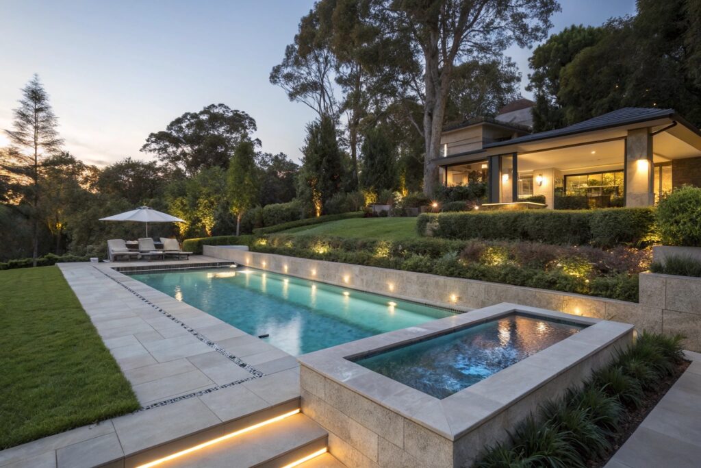 Resort-style concrete pool with an integrated spa and lit stone surrounds at dusk