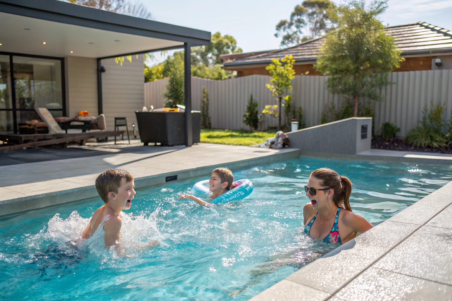 Newcastle family enjoying their custom-built backyard pool during Australian summer