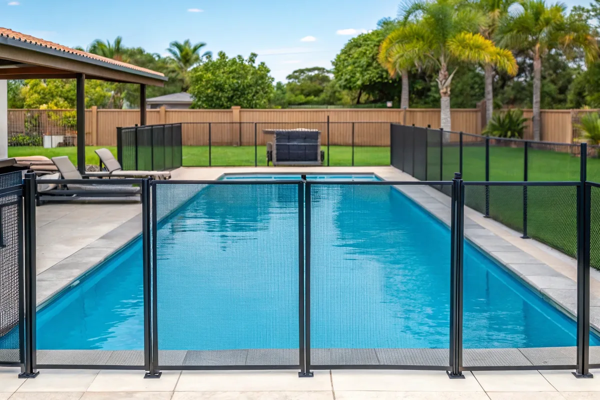 Compliant pool safety fence with self-closing gate around a residential swimming pool