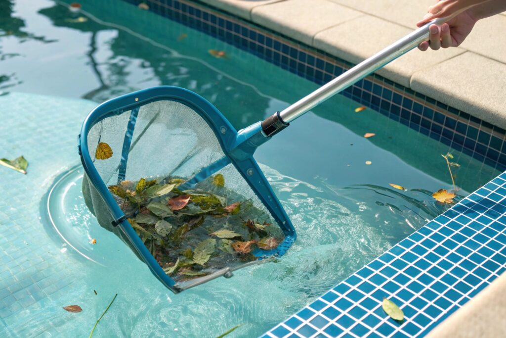Skimmer net collecting leaves and debris from a commercial pool surface