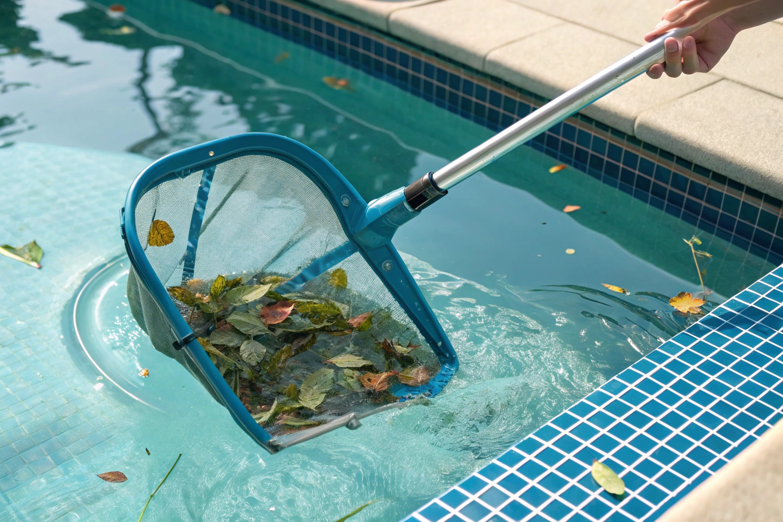 Pool skimmer net collecting leaves and debris from the surface of a backyard swimming pool