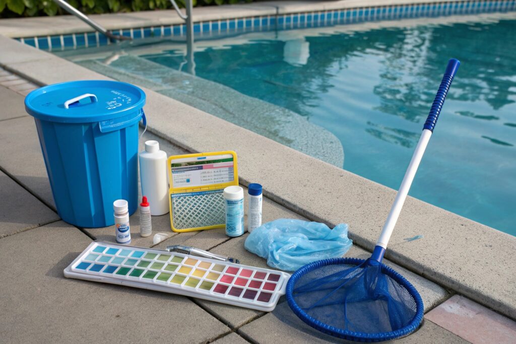 Pool testing kit and cleaning supplies laid out for a commercial pool service check