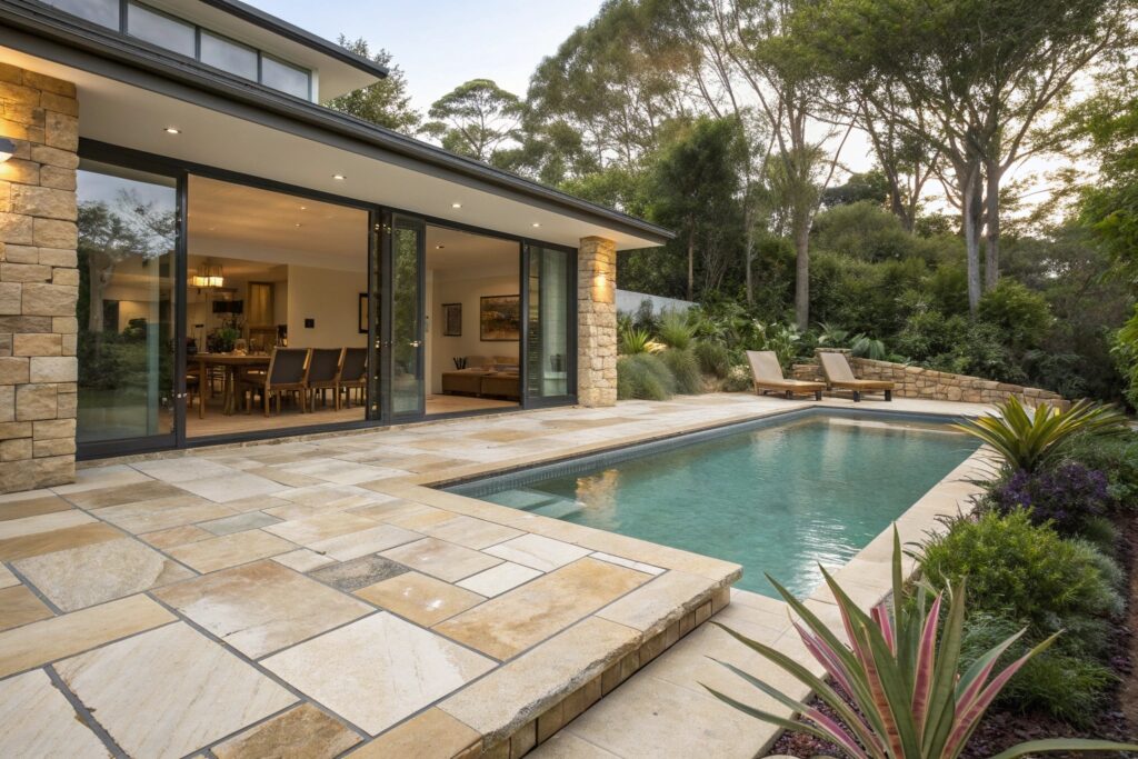 Pool with natural sandstone paving and coping connecting the shell to the surround