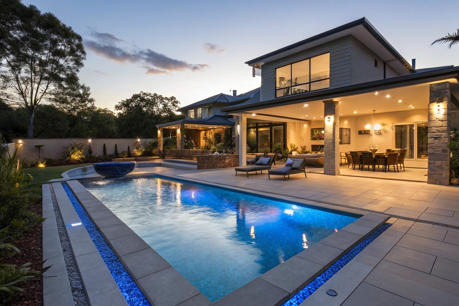 Newcastle custom concrete pool with LED lighting showcasing evening entertainment possibilities