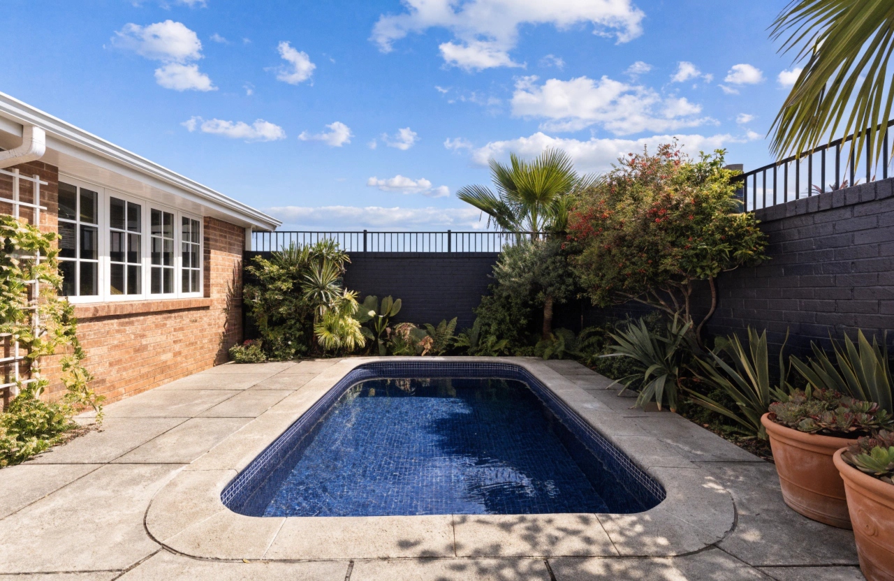 Compact plunge pool installed in a small suburban backyard in the Lake Macquarie region