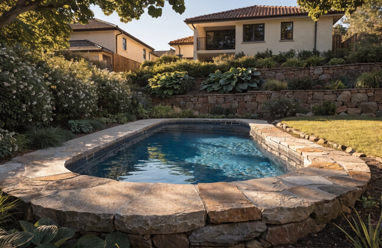 Inground concrete pool with stone coping and retaining wall on elevated residential block in Tingira Heights